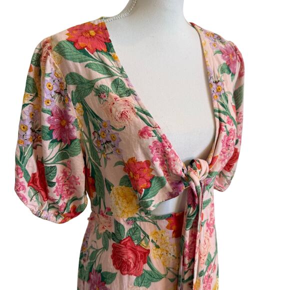 Old Navy Maxi Dress Large Pink Floral Puff Sleeve Linen Cut Out Twist Tie NWT - Picture 4 of 11